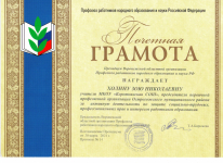 Почётная грамота за активную деятельность по защите социально-трудовых, профессиональных прав и интересов работников образования